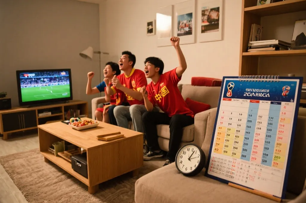 球迷在客厅观看世界杯比赛并记录赛程